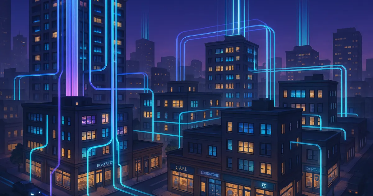 A stylised smart city at dusk with data flowing between buildings, vehicles and local compute nodes rather than to a distant cloud.