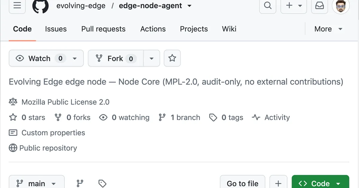 The GitHub page for evolving-edge/edge-node-agent, described as the Evolving Edge edge node Node Core, licensed under the Mozilla Public License 2.0 and marked as a public repository