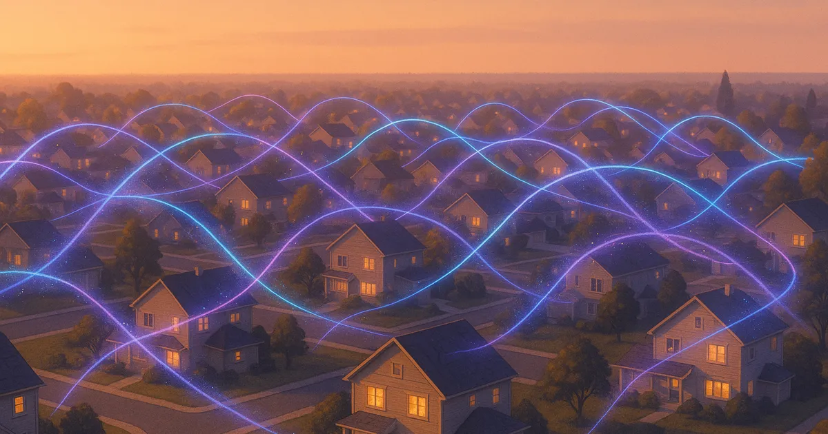 An illustrated neighborhood of houses linked by glowing network lines, each home acting as a content delivery node.